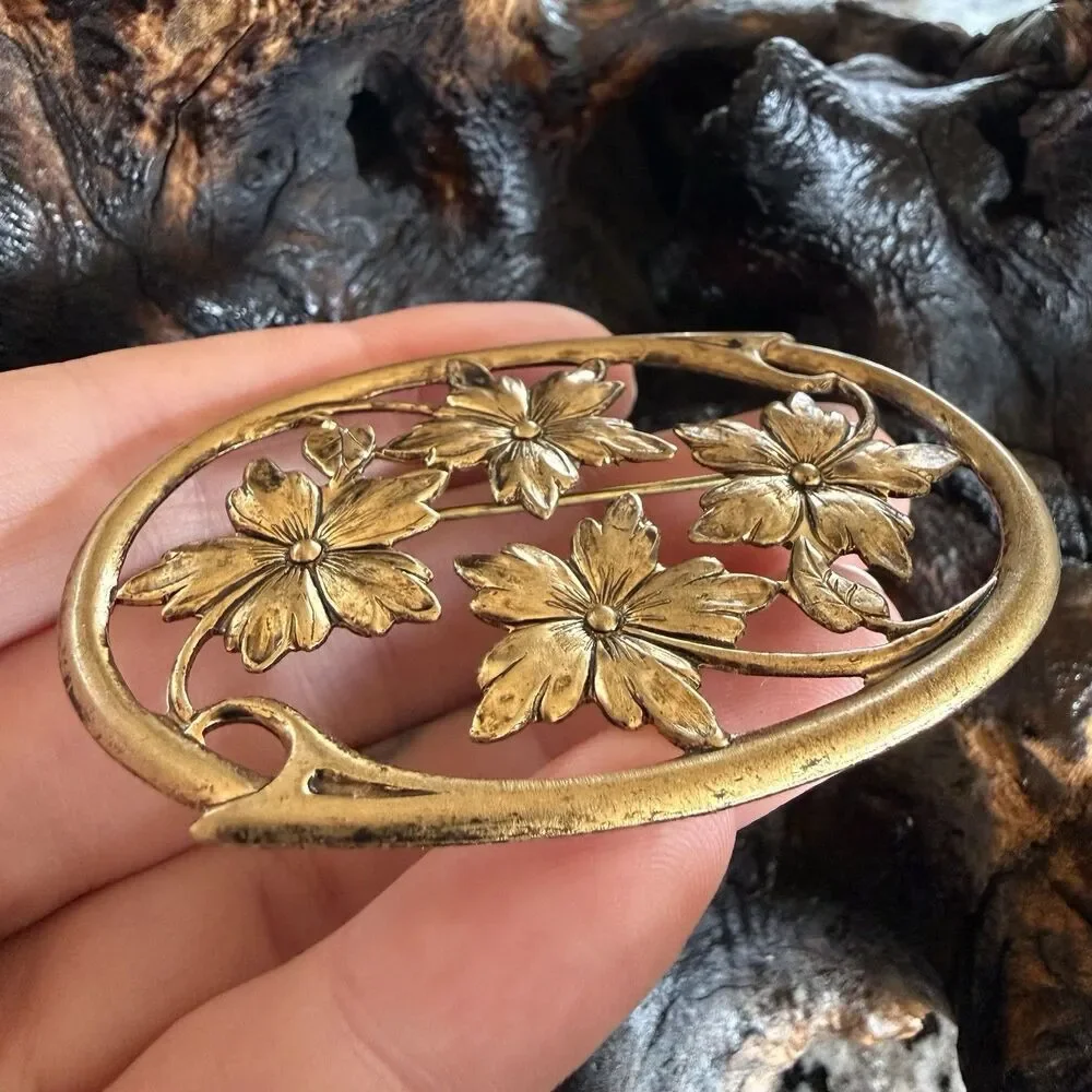 Art Nouveau Style Floral Oval Brooch Pin Antiqued Gold Tone Finish Statement
